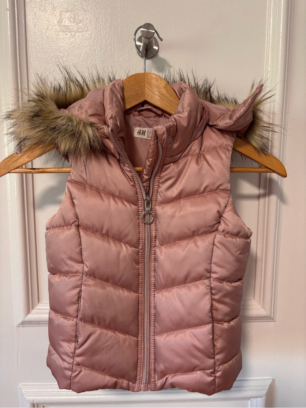 H&M Dusty Rose Puffer Vest with Faux Fur Trim
